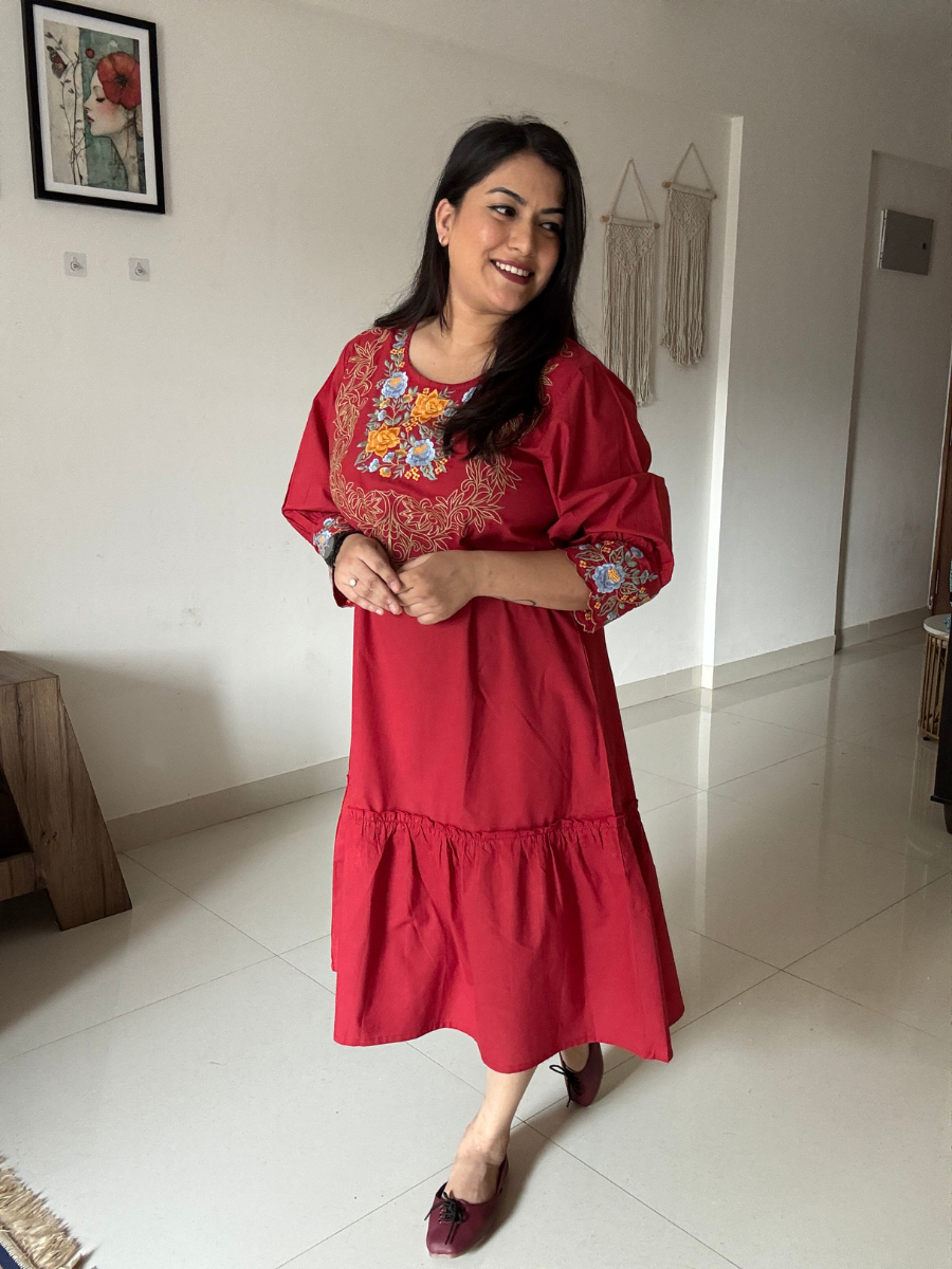 Red Embroidered Cotton Dress