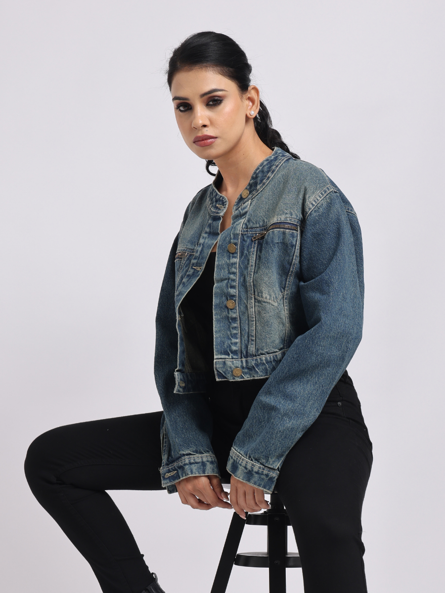 Mid Blue Cropped Denim Jacket for Women