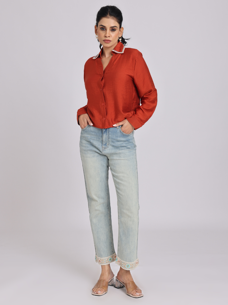 Rust Orange Pearl & Diamond Collar Shirt