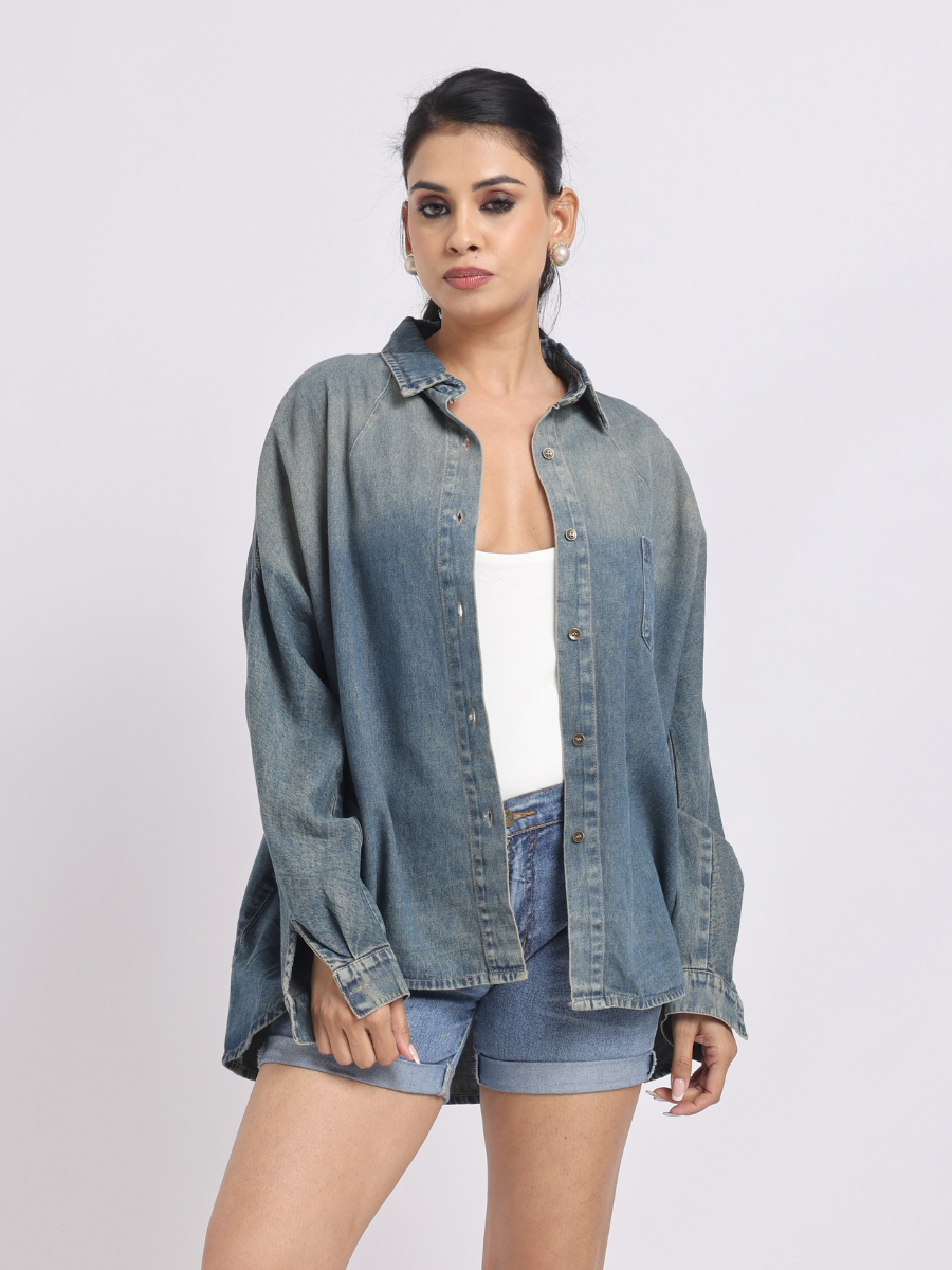 Oversized Mid Blue Denim Shirt with Dropped Shoulder