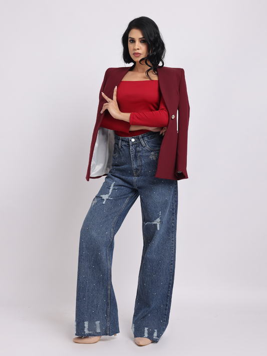 Dark Blue Distressed Rhinestone Wide-Leg Denim Jeans