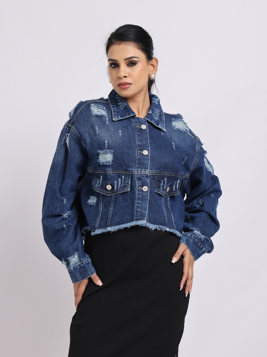 Blue Distressed Cropped Denim Jacket