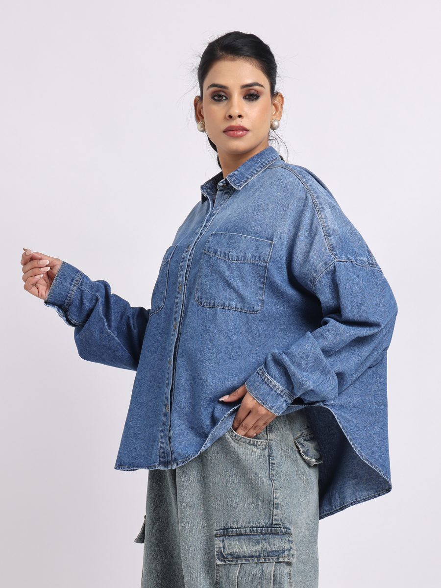 Oversized Blue Denim Shirt with Dropped Shoulder
