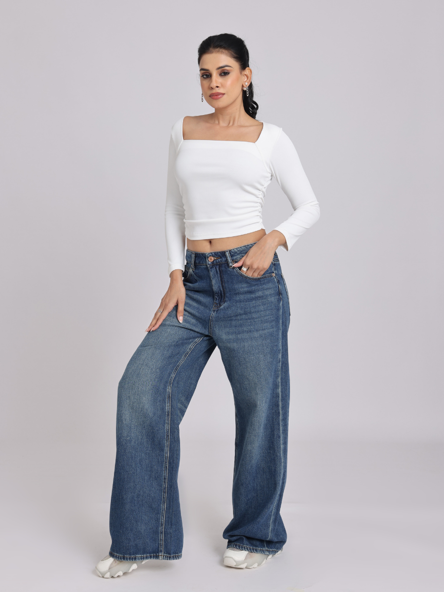 White Side Elastic Ruched Crop Top