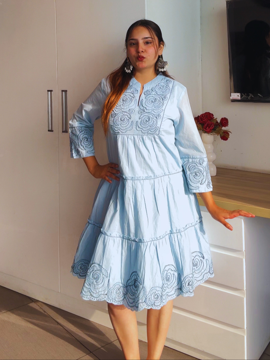 Sky Bloom Embroidered Cotton Dress