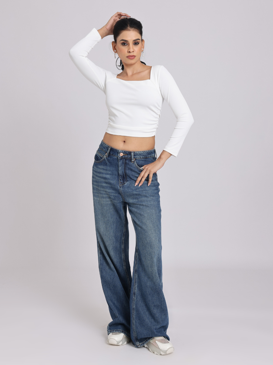 White Side Elastic Ruched Crop Top
