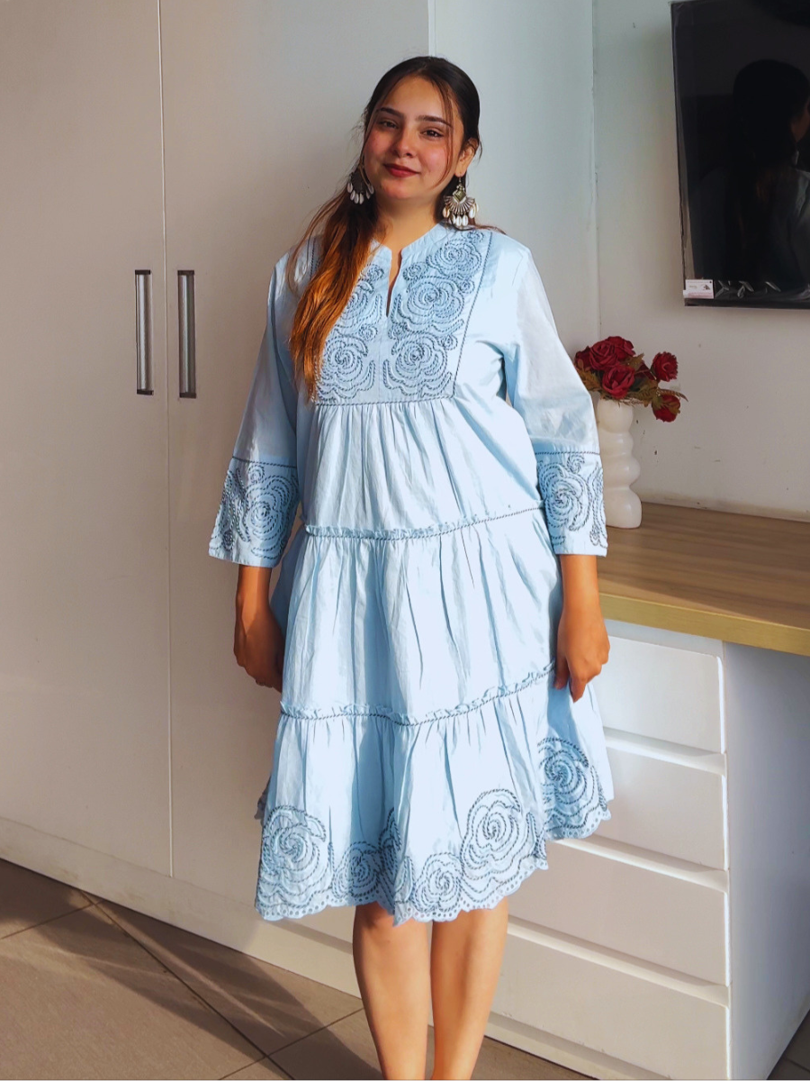 Sky Bloom Embroidered Cotton Dress