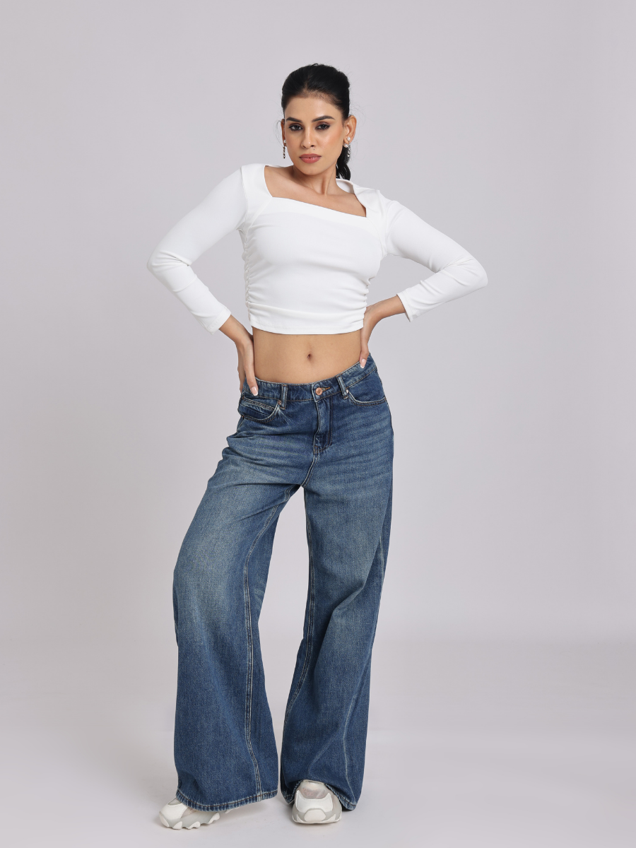White Side Elastic Ruched Crop Top