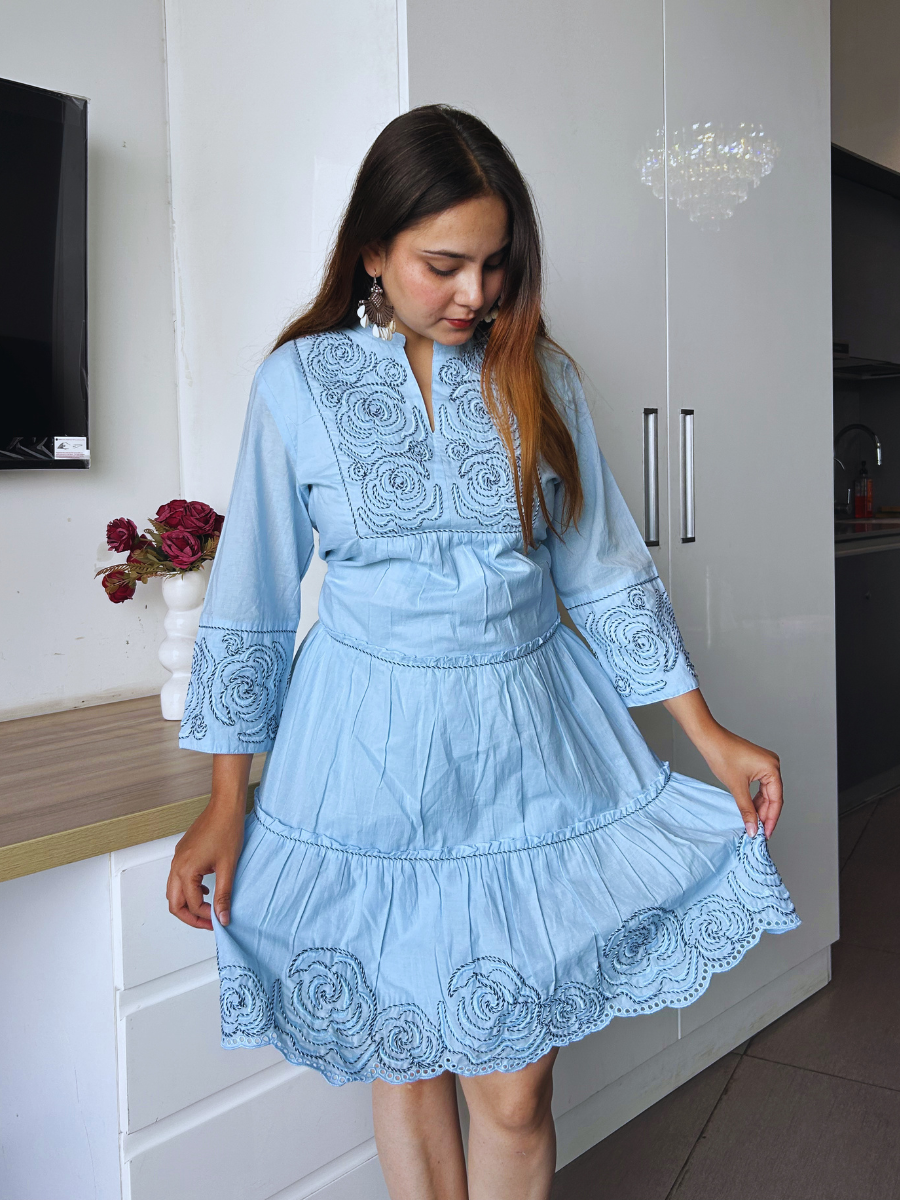 Sky Bloom Embroidered Cotton Dress
