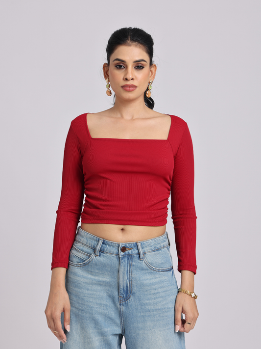 Red Side Elastic Ruched Crop Top