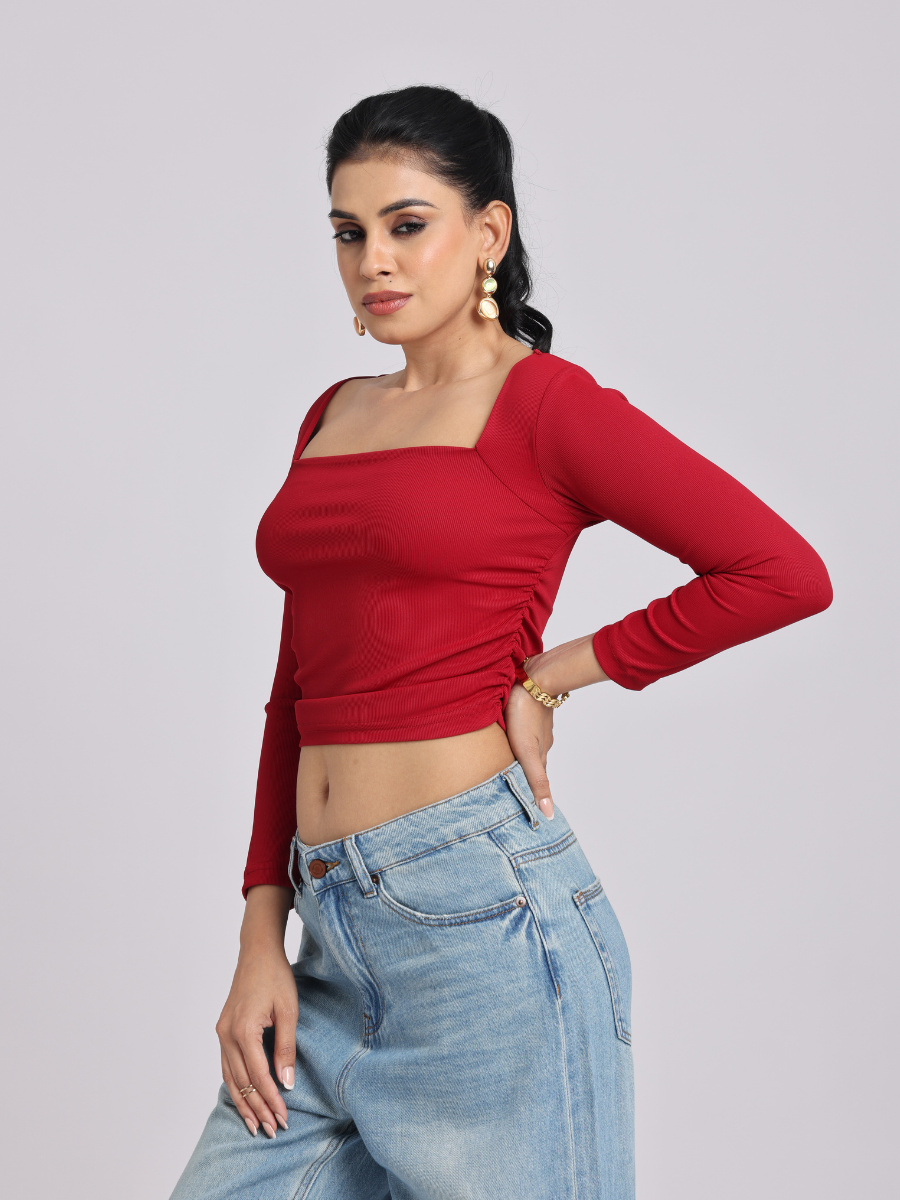 Red Side Elastic Ruched Crop Top