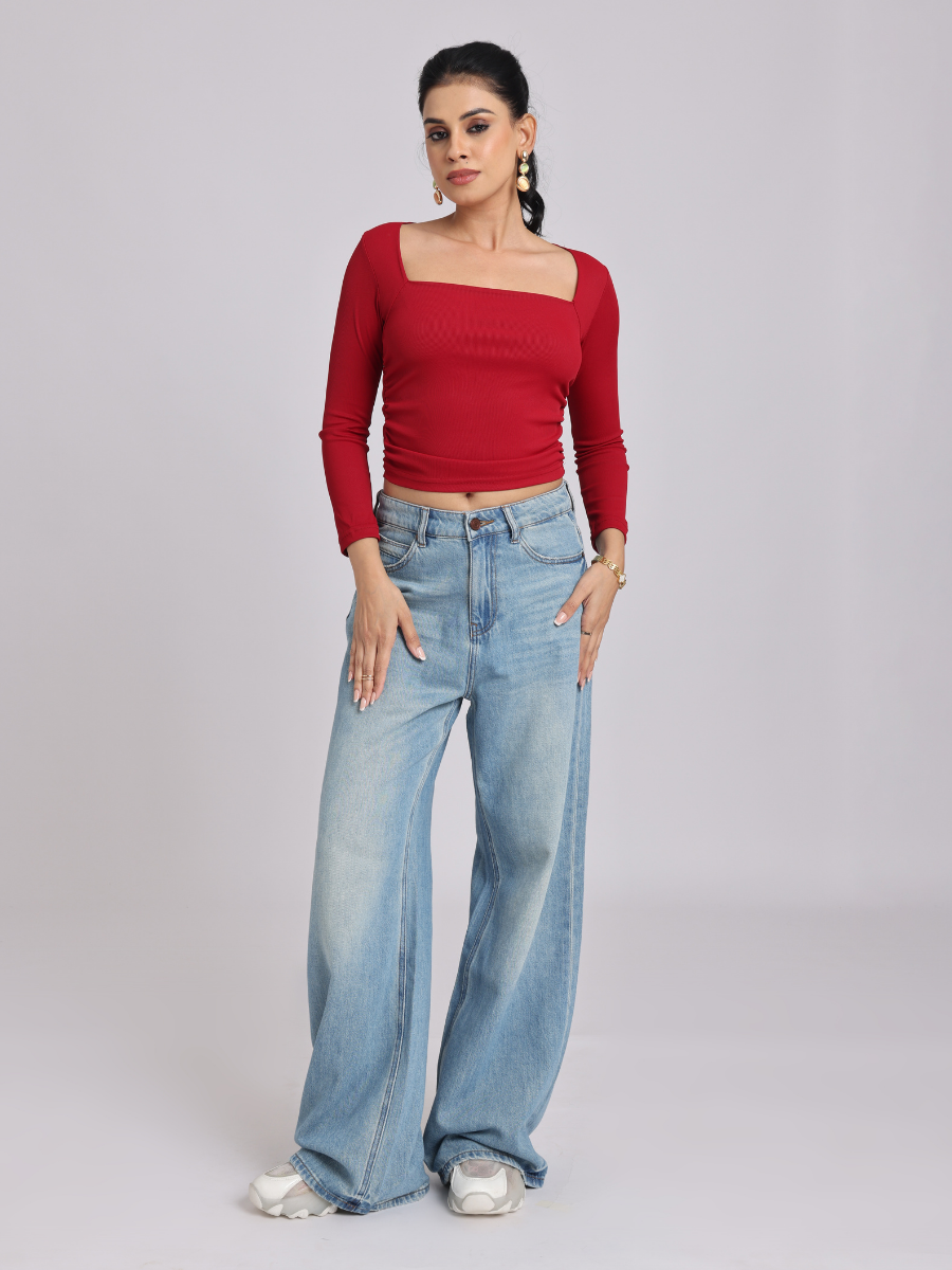 Red Side Elastic Ruched Crop Top