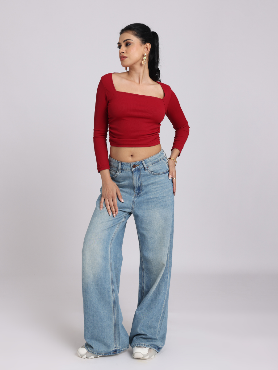 Red Side Elastic Ruched Crop Top