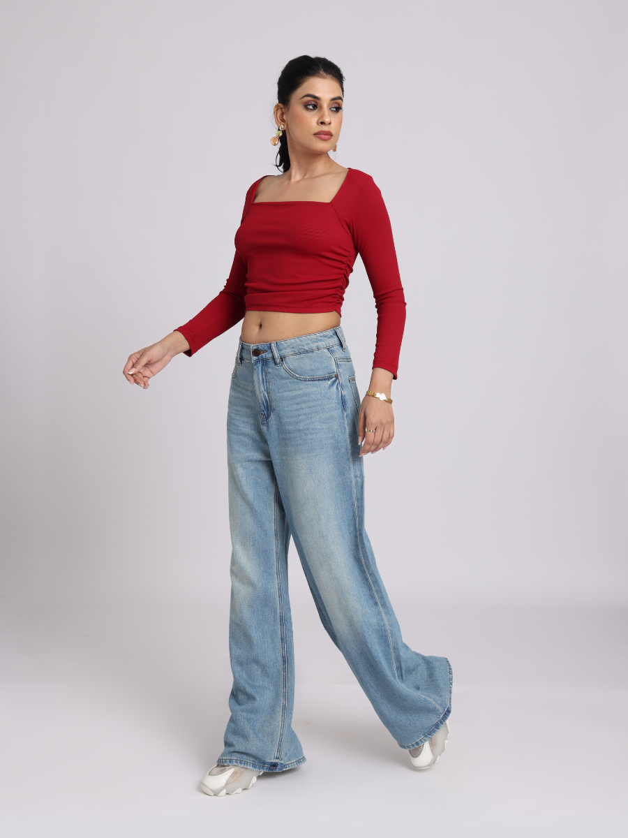 Red Side Elastic Ruched Crop Top