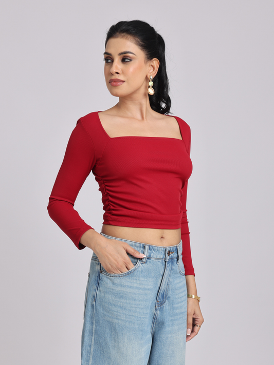 Red Side Elastic Ruched Crop Top