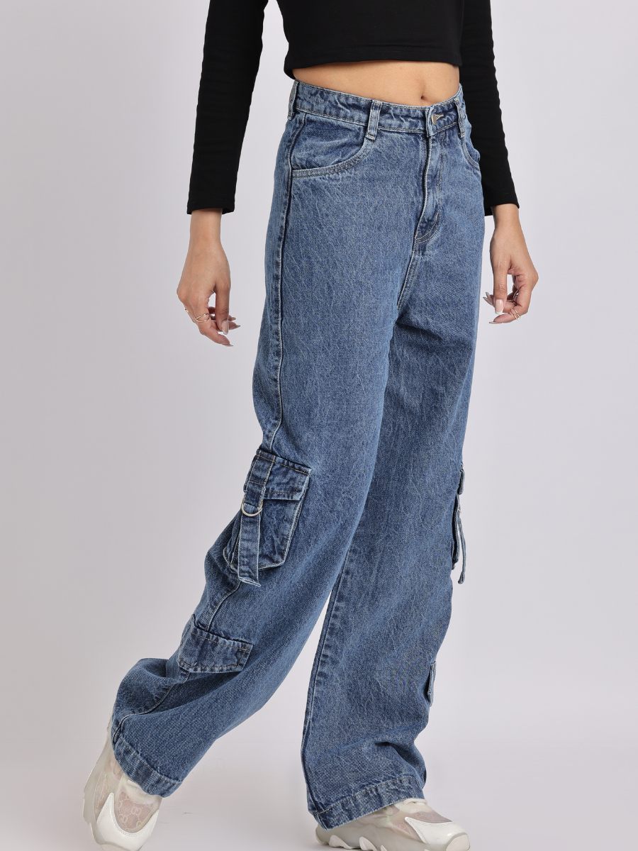 High-Waist Cargo Wide-Leg Jeans