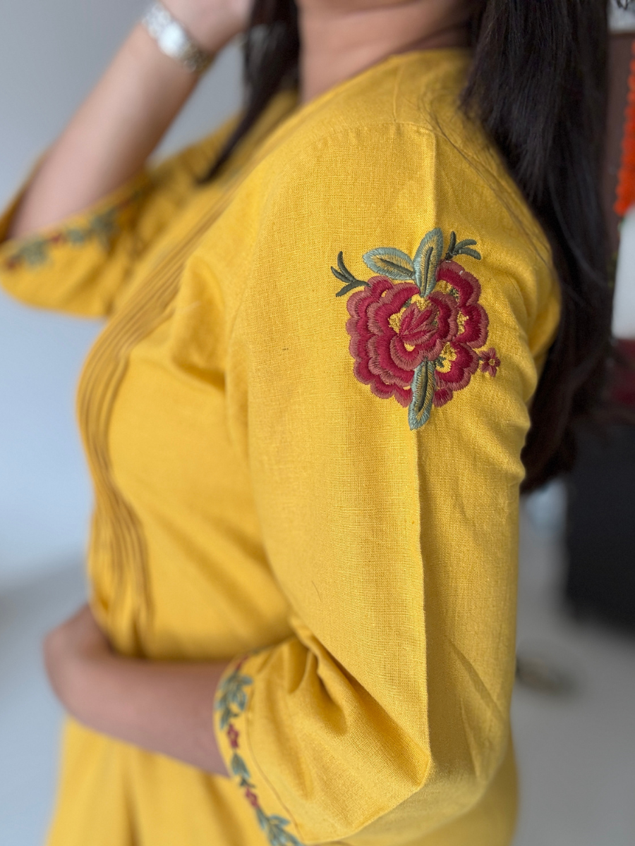 Embroidered Yellow Cotton Dress
