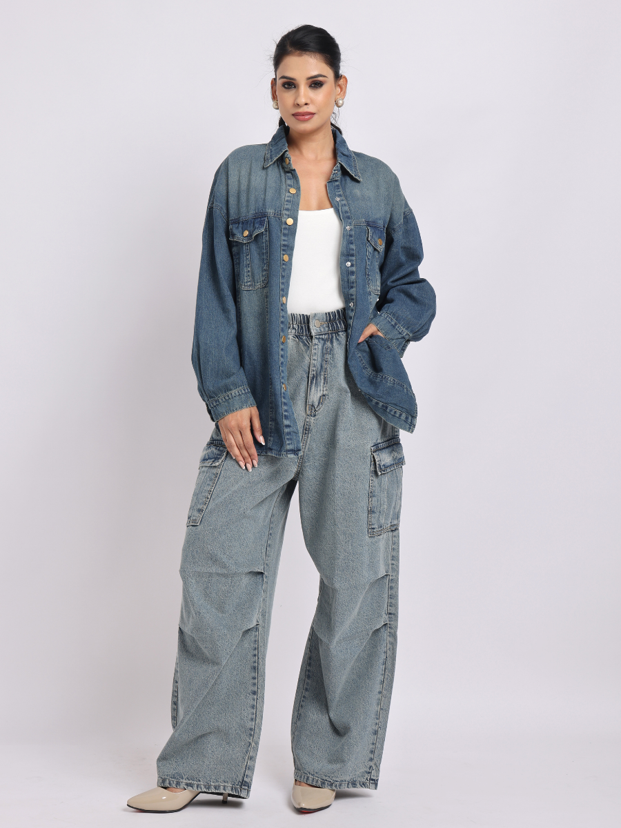 Mid Blue Oversized Denim Shirt with Dropped Shoulder