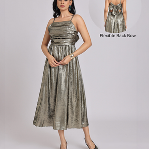 Metallic Gold Cowl-Neck Bow-Back Midi Dress