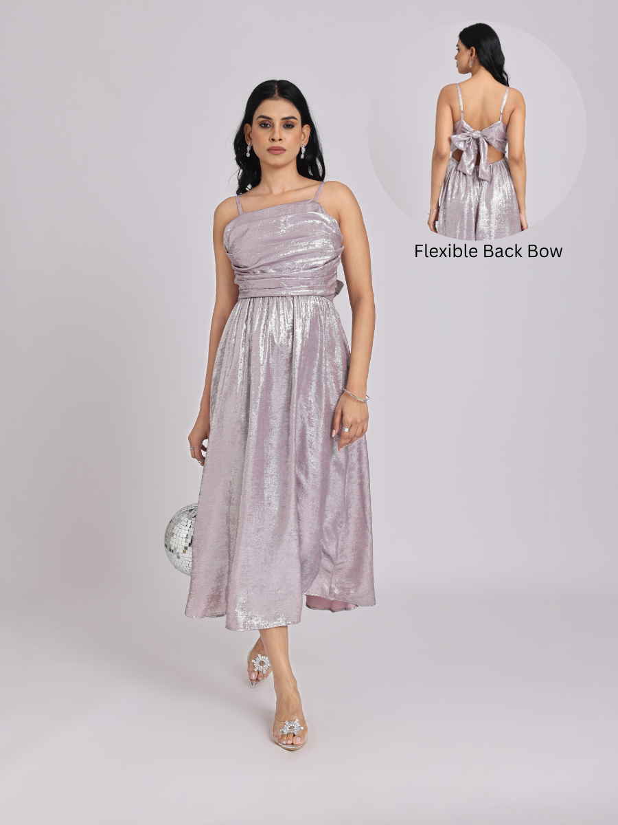 Metallic Lavender Back-Bow Midi Dress