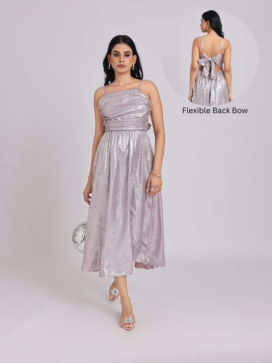 Metallic Lavender Back-Bow Midi Dress