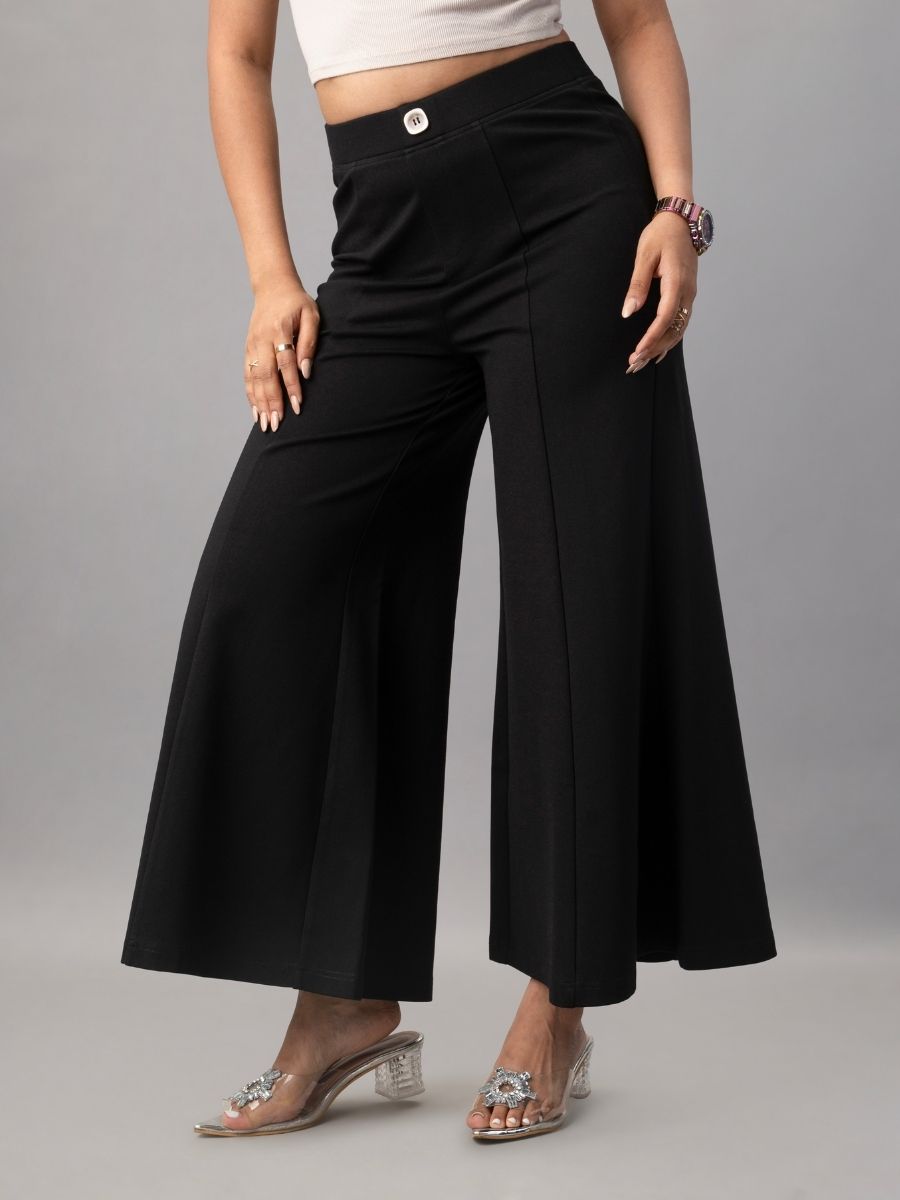 Black Flared Wide Leg Trousers for Women – Relaxed Fit