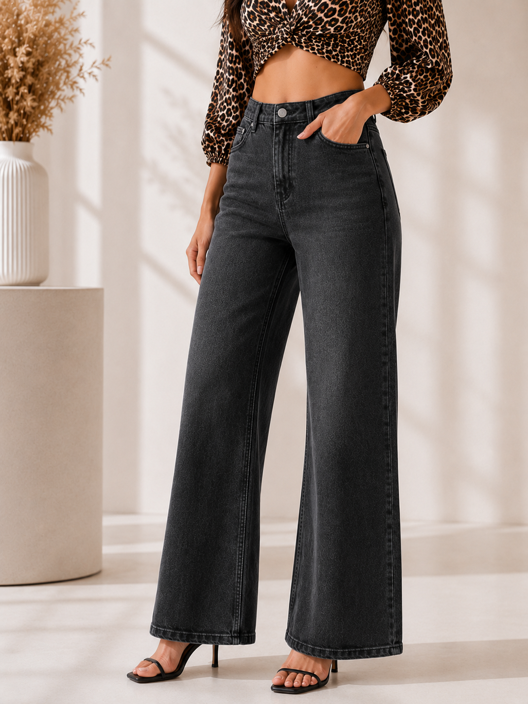 Midnight Charcoal High-Rise Wide-Leg Non-Stretch Jeans