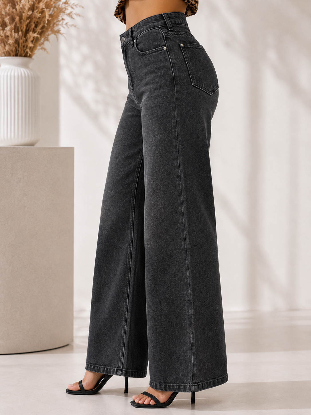 Midnight Charcoal High-Rise Wide-Leg Non-Stretch Jeans
