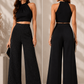 Black Luxe Rhinestone Embellished High-Rise Wide-Leg Trousers
