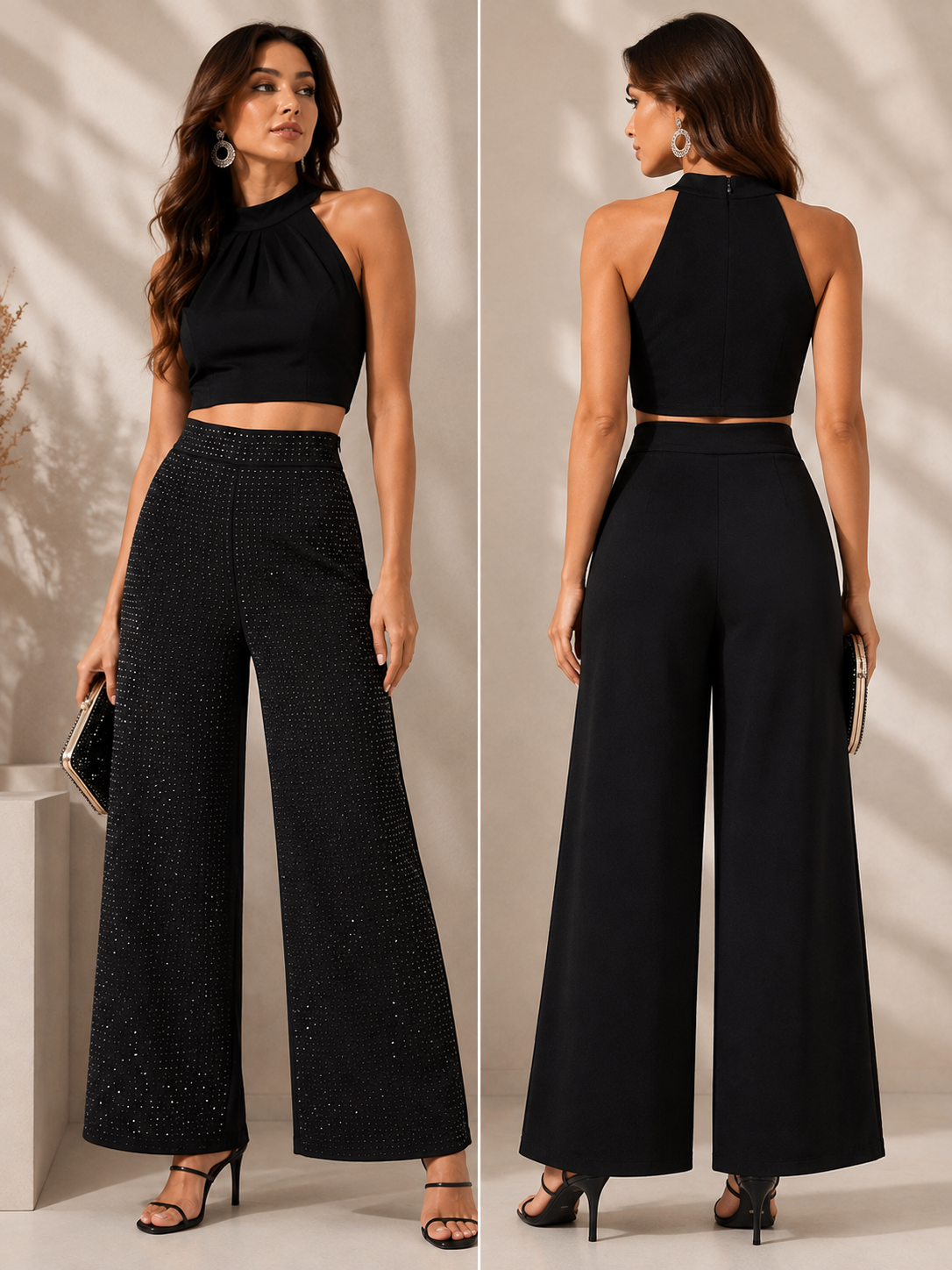 Black Luxe Rhinestone Embellished High-Rise Wide-Leg Trousers