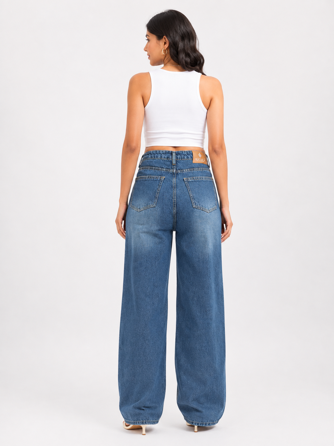 Mid Blue Washed Rhinestone High Waist Wide-Leg Jeans