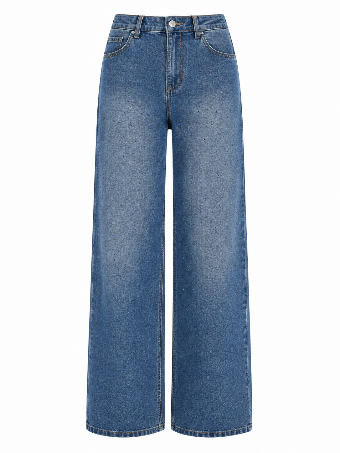 Mid Blue Washed Rhinestone High Waist Wide-Leg Jeans