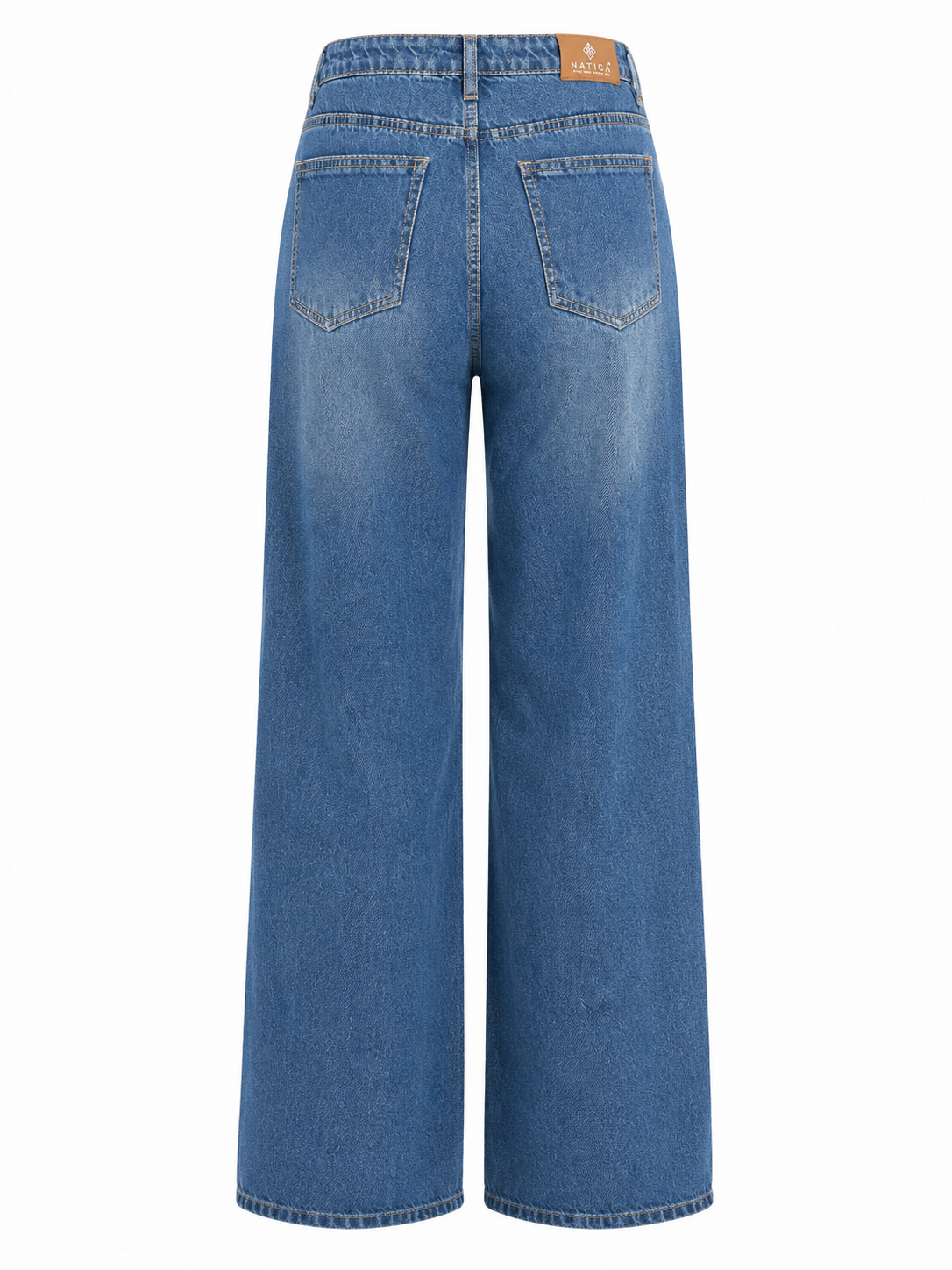 Mid Blue Washed Rhinestone High Waist Wide-Leg Jeans