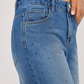 Mid Blue Washed Rhinestone High Waist Wide-Leg Jeans