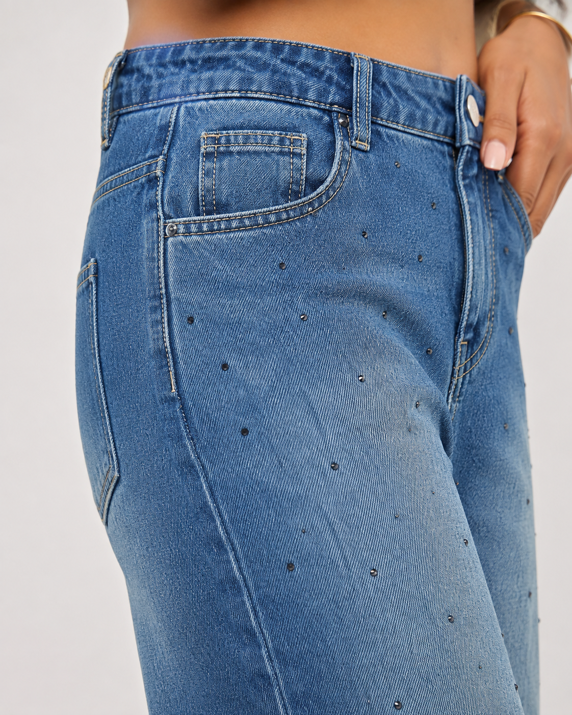 Mid Blue Washed Rhinestone High Waist Wide-Leg Jeans