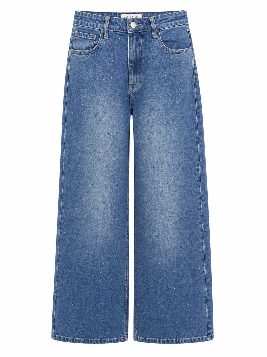 Blue Rhinestone Embellished High Waist Wide Leg Jeans