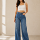Blue Rhinestone Embellished High Waist Wide Leg Jeans