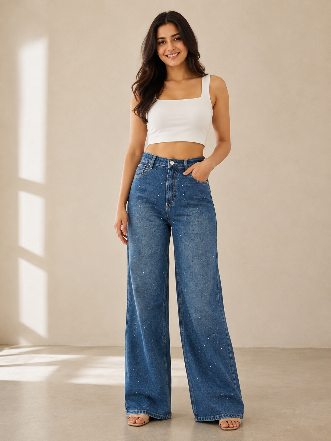 Blue Rhinestone Embellished High Waist Wide Leg Jeans