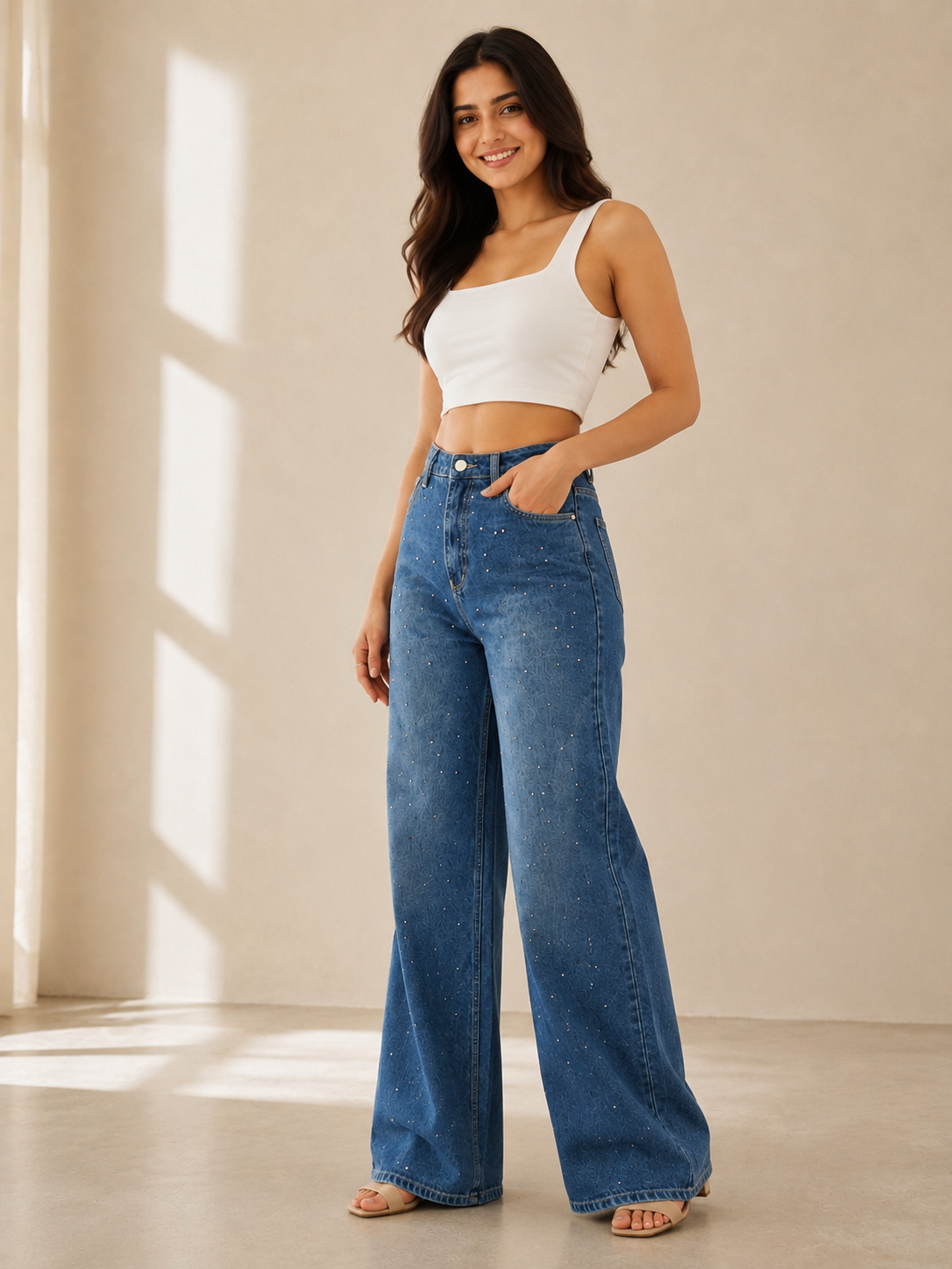 Blue Rhinestone Embellished High Waist Wide Leg Jeans