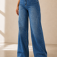 Blue Rhinestone Embellished High Waist Wide Leg Jeans