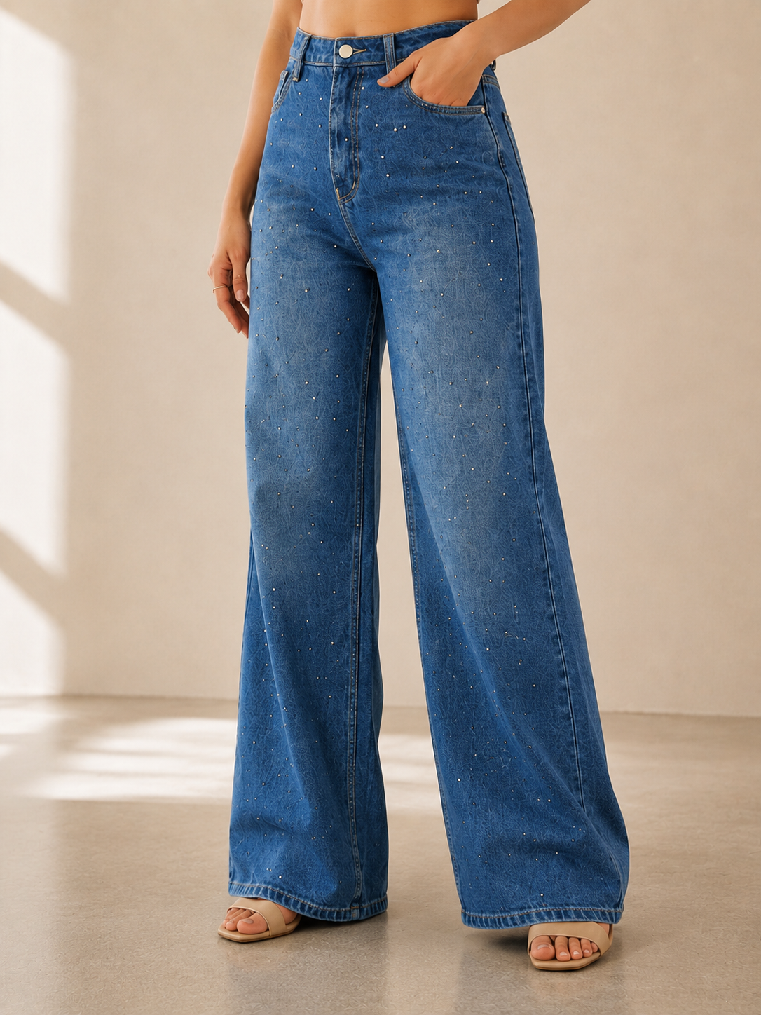 Blue Rhinestone Embellished High Waist Wide Leg Jeans