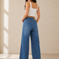 Blue Rhinestone Embellished High Waist Wide Leg Jeans