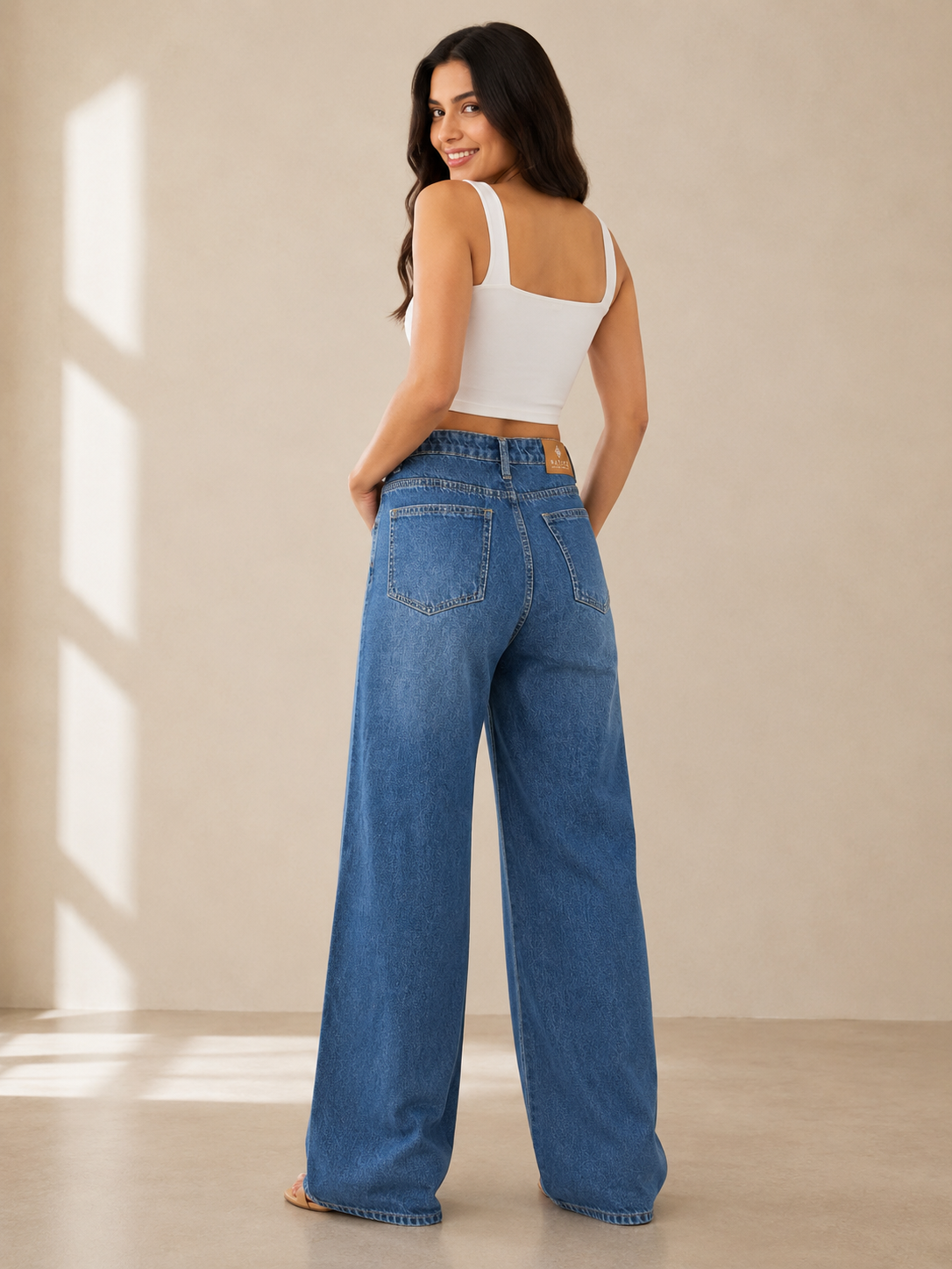 Blue Rhinestone Embellished High Waist Wide Leg Jeans
