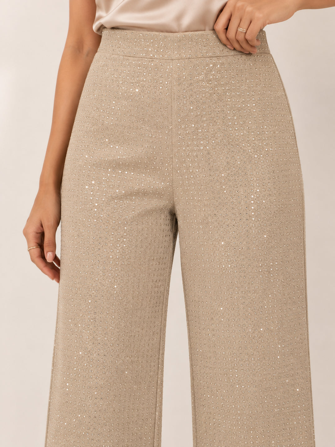 Champagne Glow Rhinestone Wide-Leg Trousers