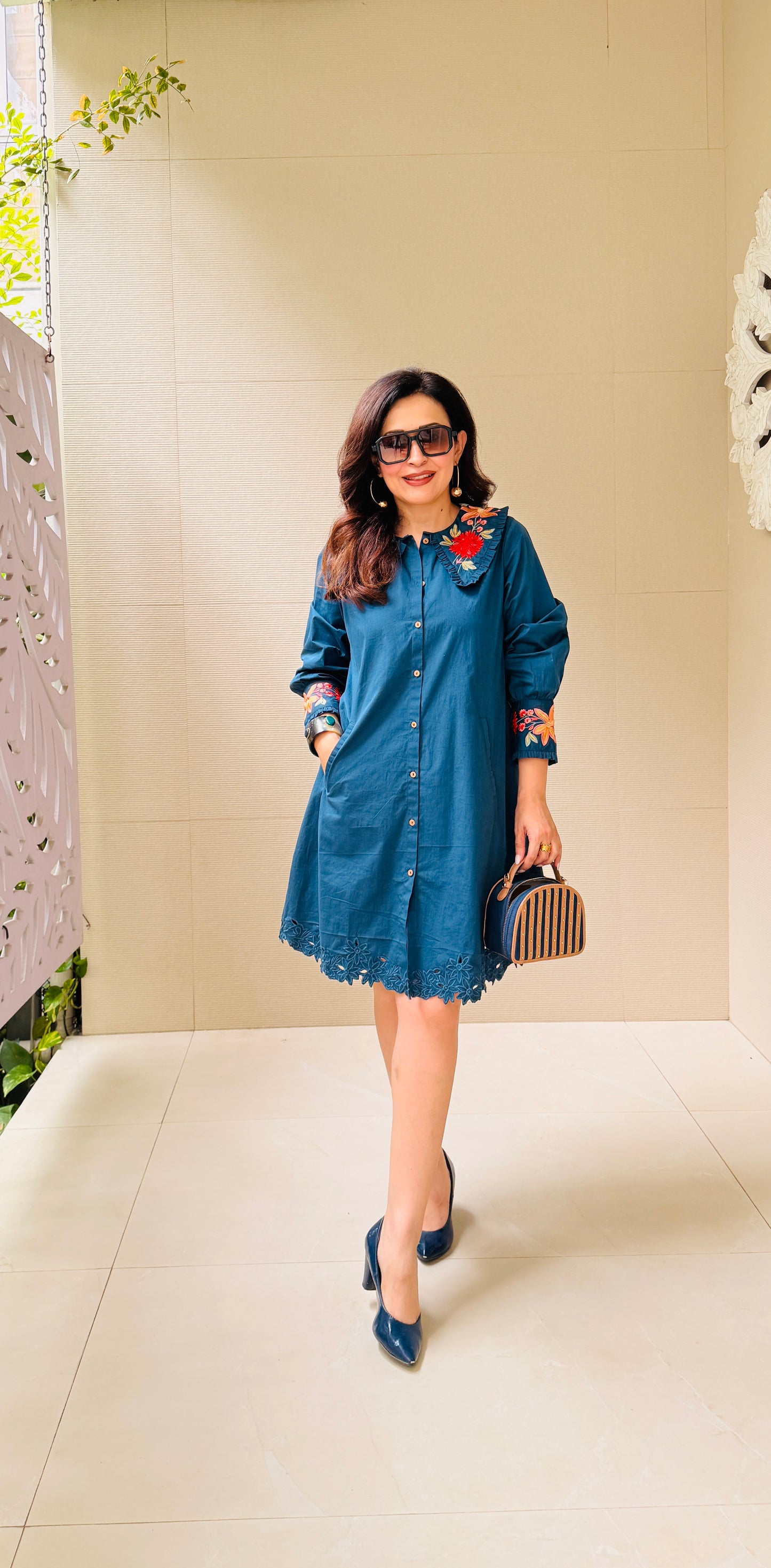 Embroidered Blue Collar Dress
