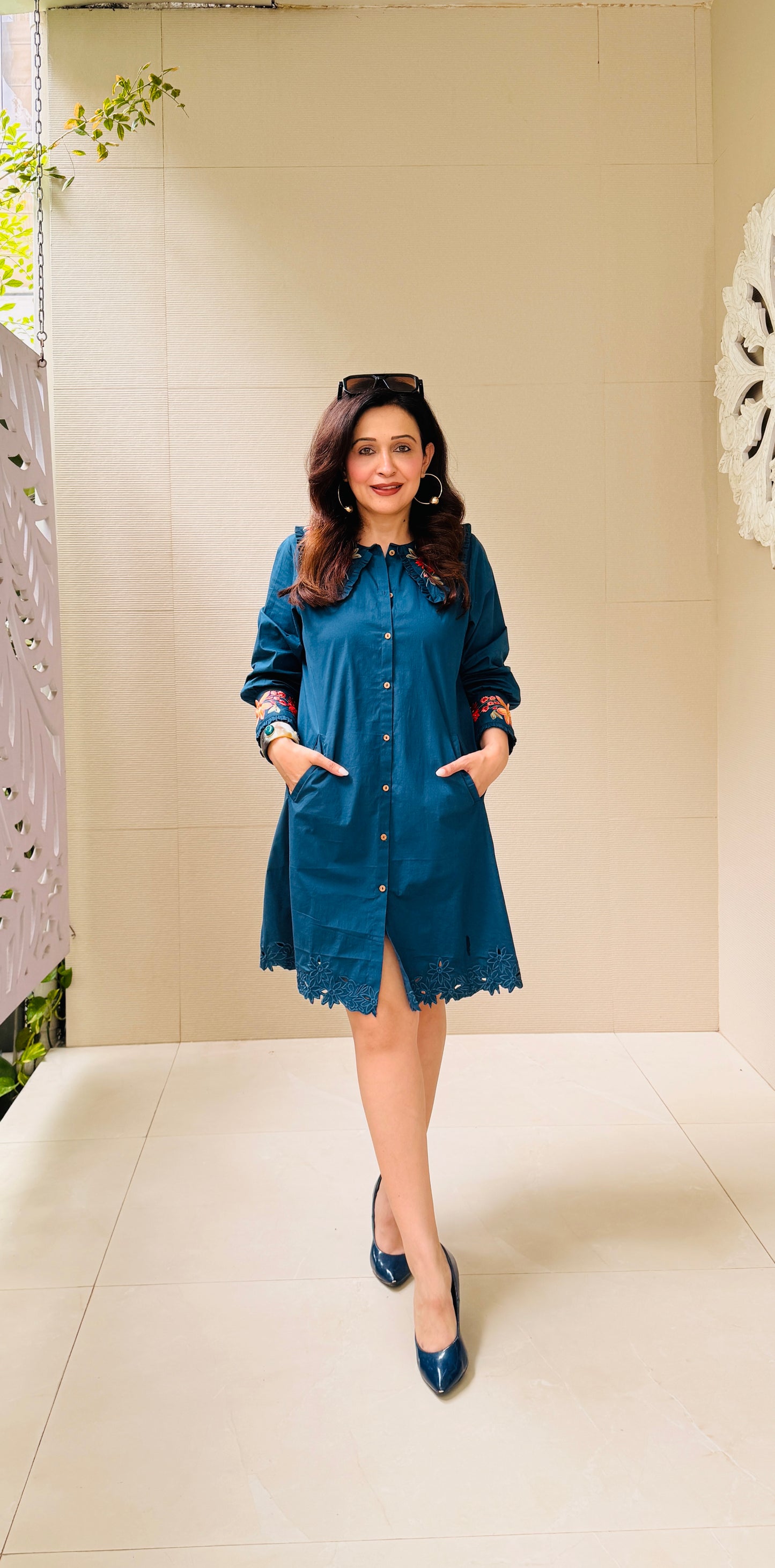 Embroidered Blue Collar Dress