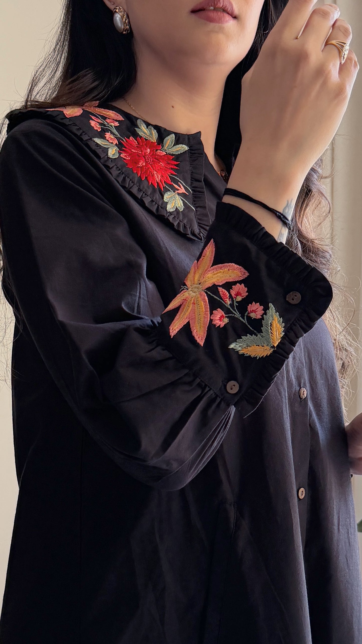 Embroidered Black Collar Dress