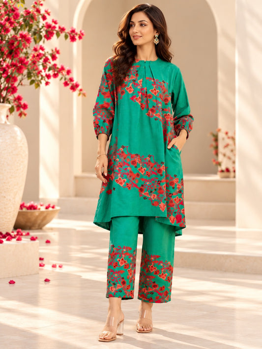 Green Silk Print Co-Ords Set