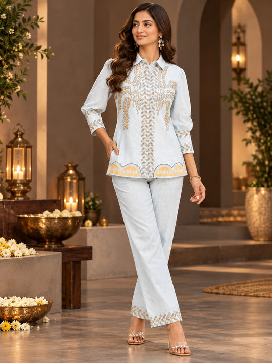 Azure Luxe Embroidered Co-Ord Set - Blue