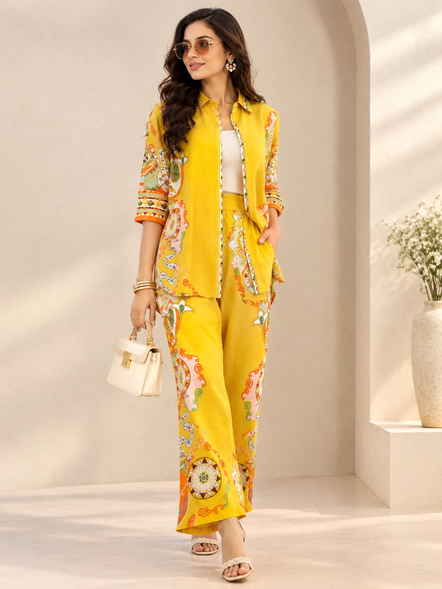Yellow Silk Co-Ord Set with Floral Print